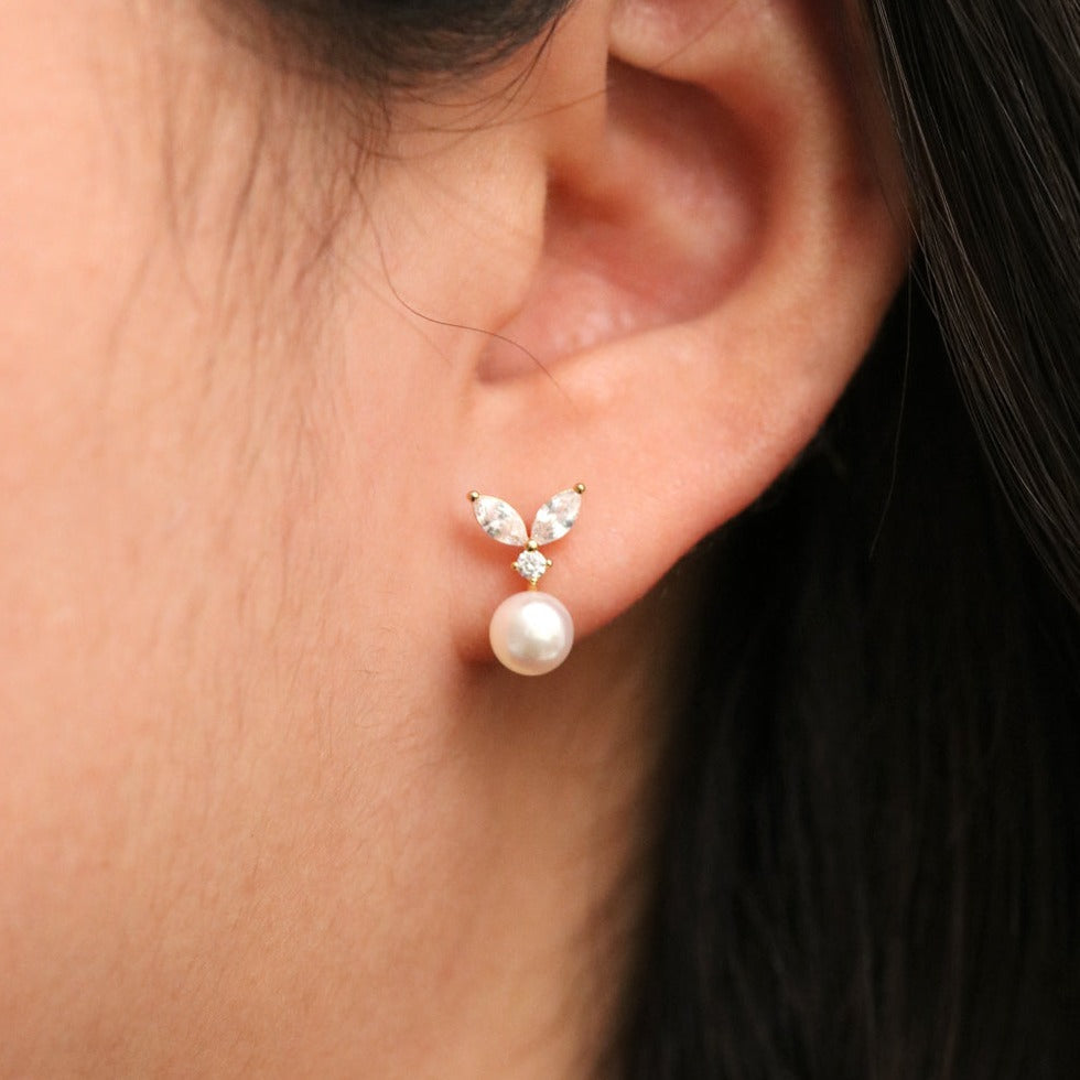Cubic Zirconia Leaf Pearl Drop Earrings – Women's 925 Sterling Silver Earrings UK