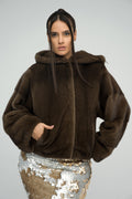 Women's Brown Fluffy Hooded Mink Fur Coat UK