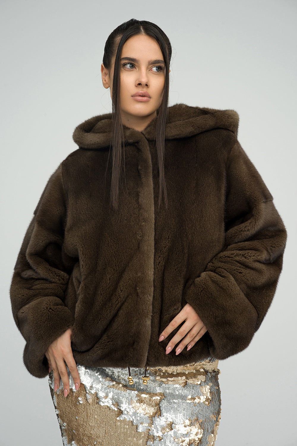 Women's Brown Fluffy Hooded Mink Fur Coat UK