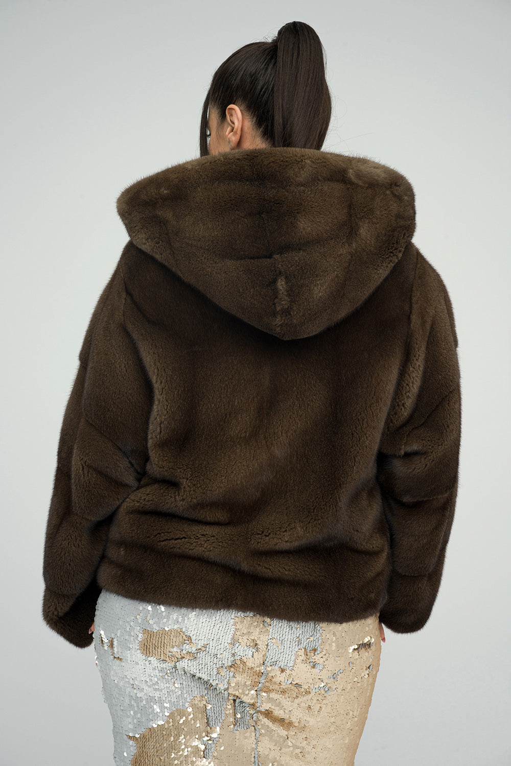 Women's Brown Fluffy Hooded Mink Fur Coat UK