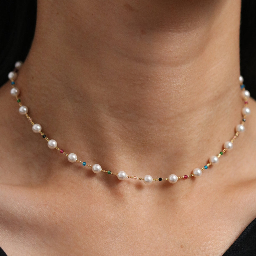 Rainbow Pearl Bead Necklace – Women's 925 Sterling Silver Layering Necklace UK