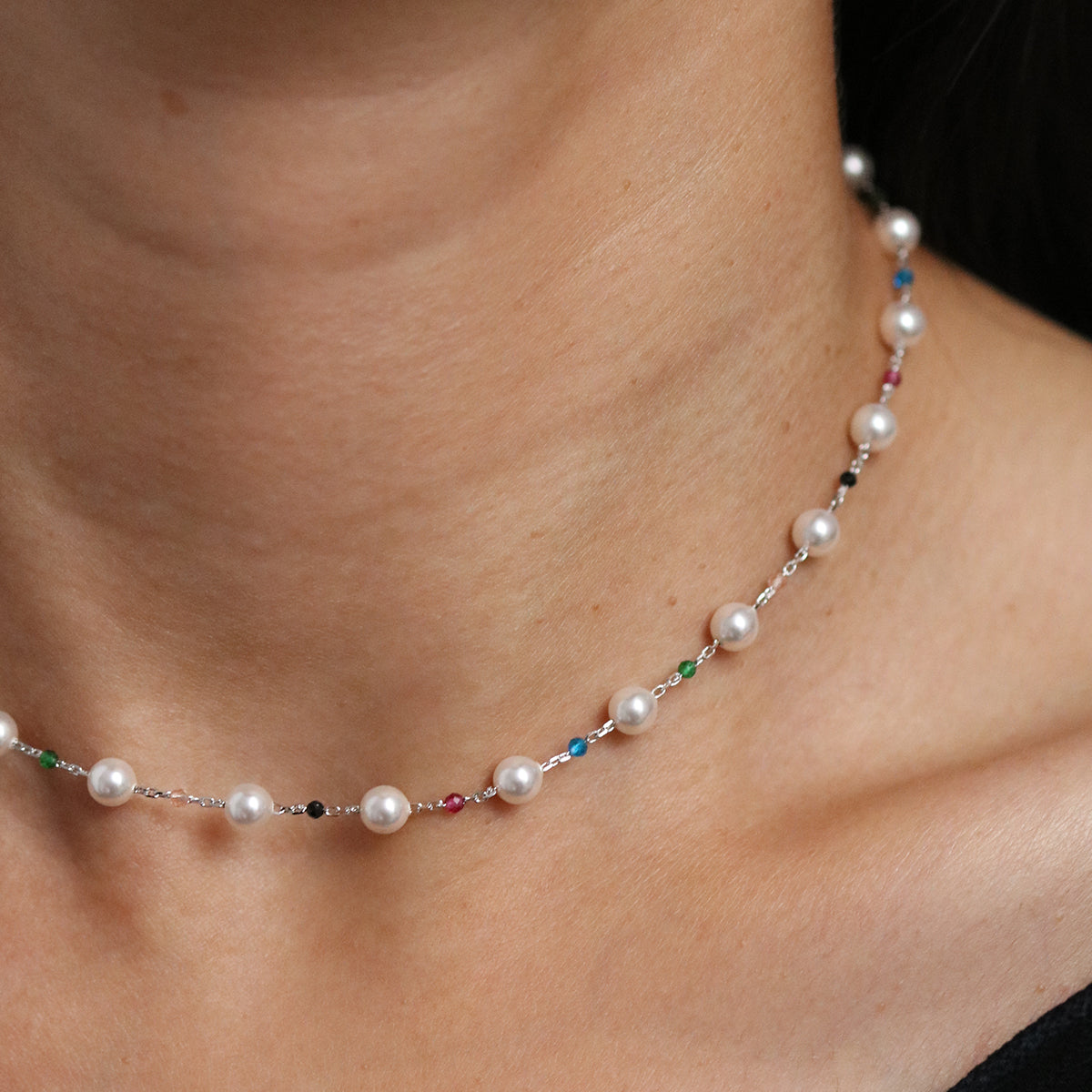 Rainbow Pearl Bead Necklace – Women's 925 Sterling Silver Layering Necklace UK