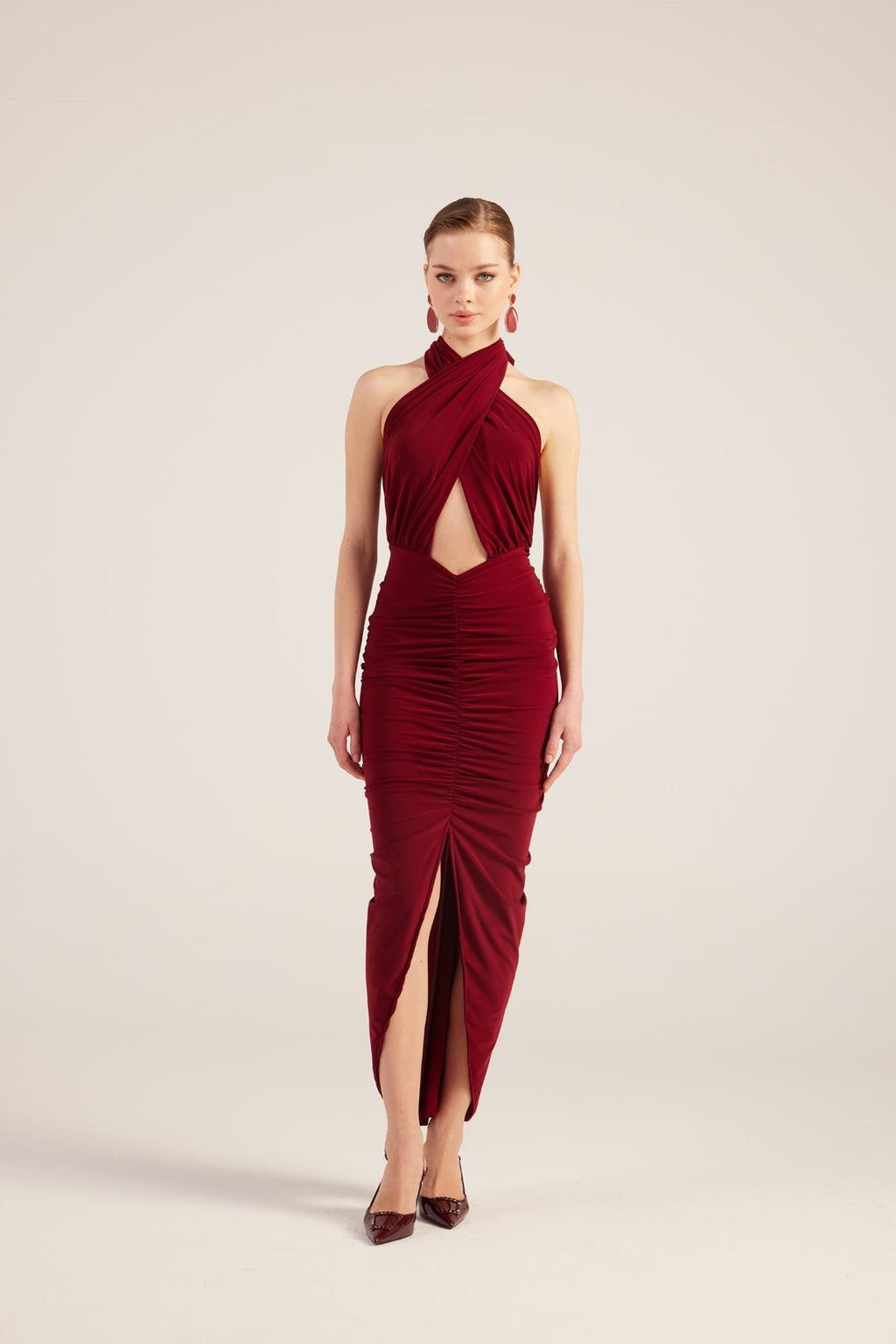 Marie Women's Burgundy Backless Slit Maxi Dress UK