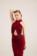 Marie Women's Burgundy Backless Slit Maxi Dress UK